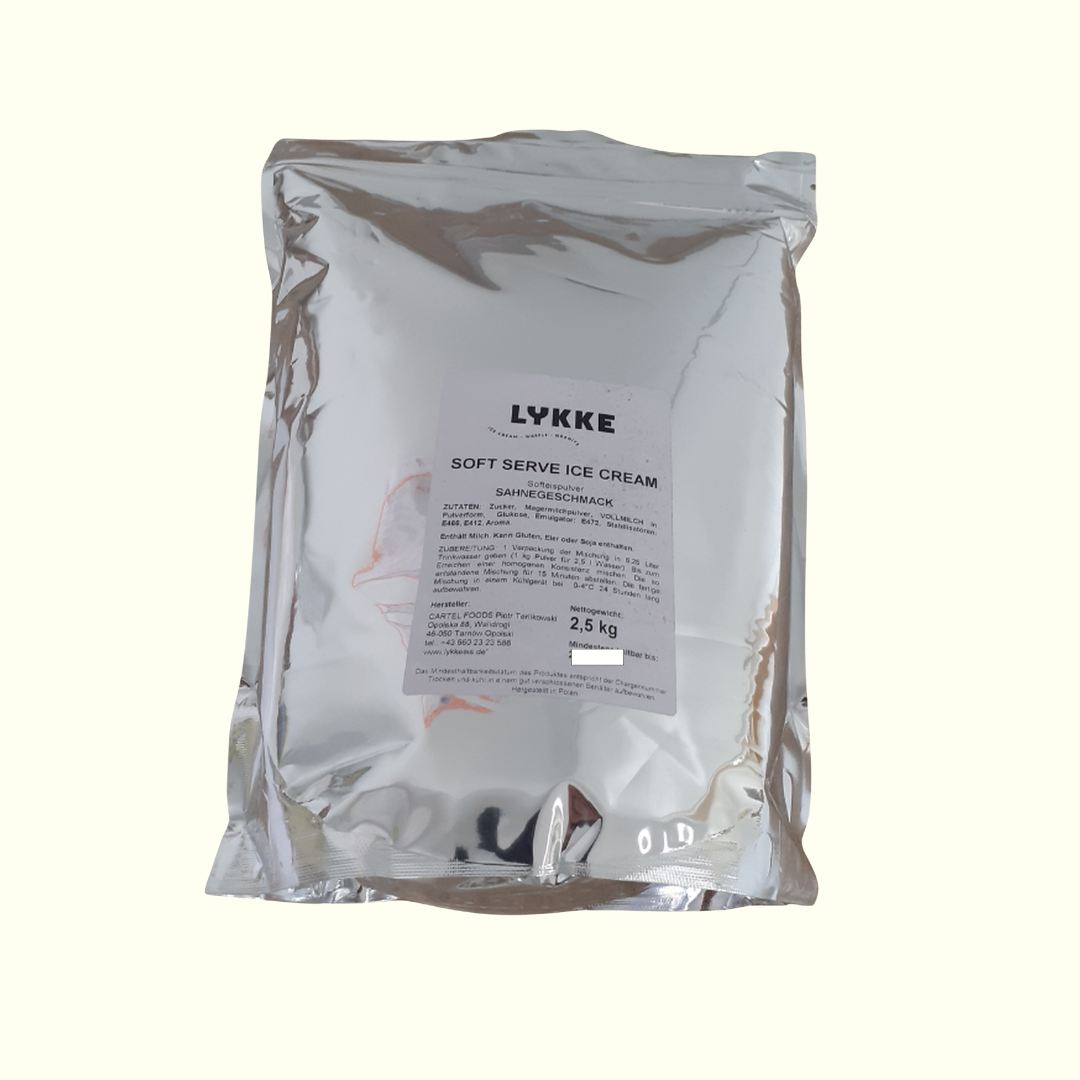 Lykke Softeispulver Sahnegeschmack 2,5kg | 7-9 Liter fertige Mischung | Eis Pulver für Softeismaschine - cremiges Softeis für Zuhause & Gastronomie - Eispulver mit Sahnegeschmack