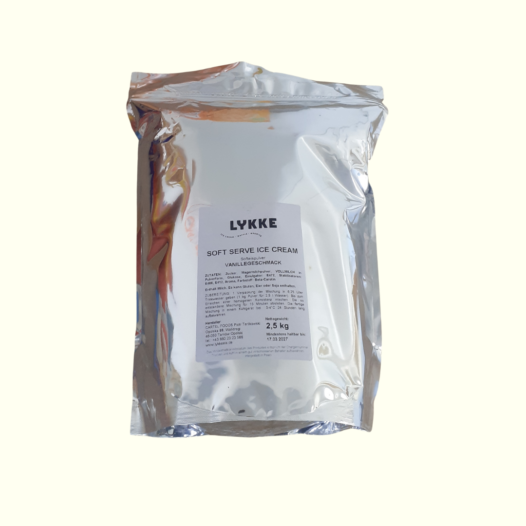 Lykke Softeispulver Vanille 2,5kg | Eis Pulver für Softeismaschine – cremiges Softeis für Zuhause & Gastronomie – Eispulver mit Vanillegeschmack | Ergibt 7 - 9 Liter fertige Mischung